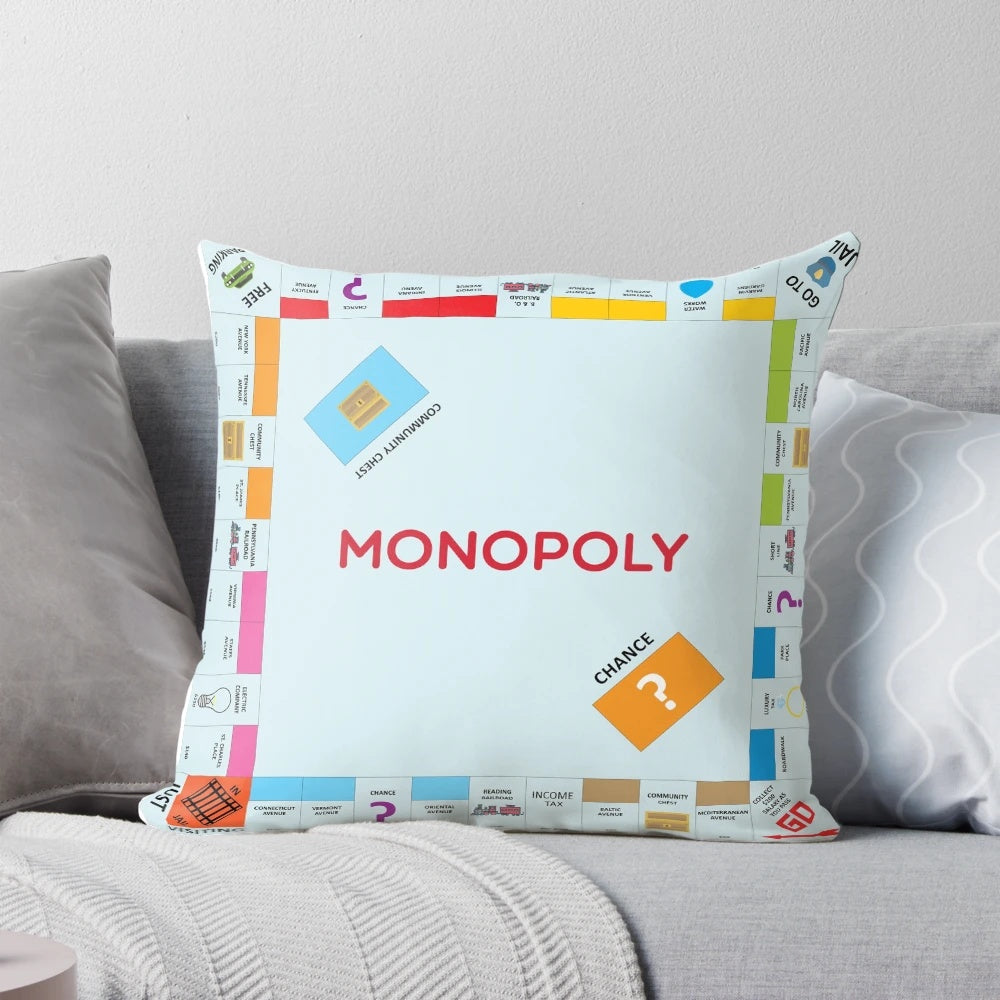 A cozy and whimsical pillow featuring the iconic Monopoly board game design