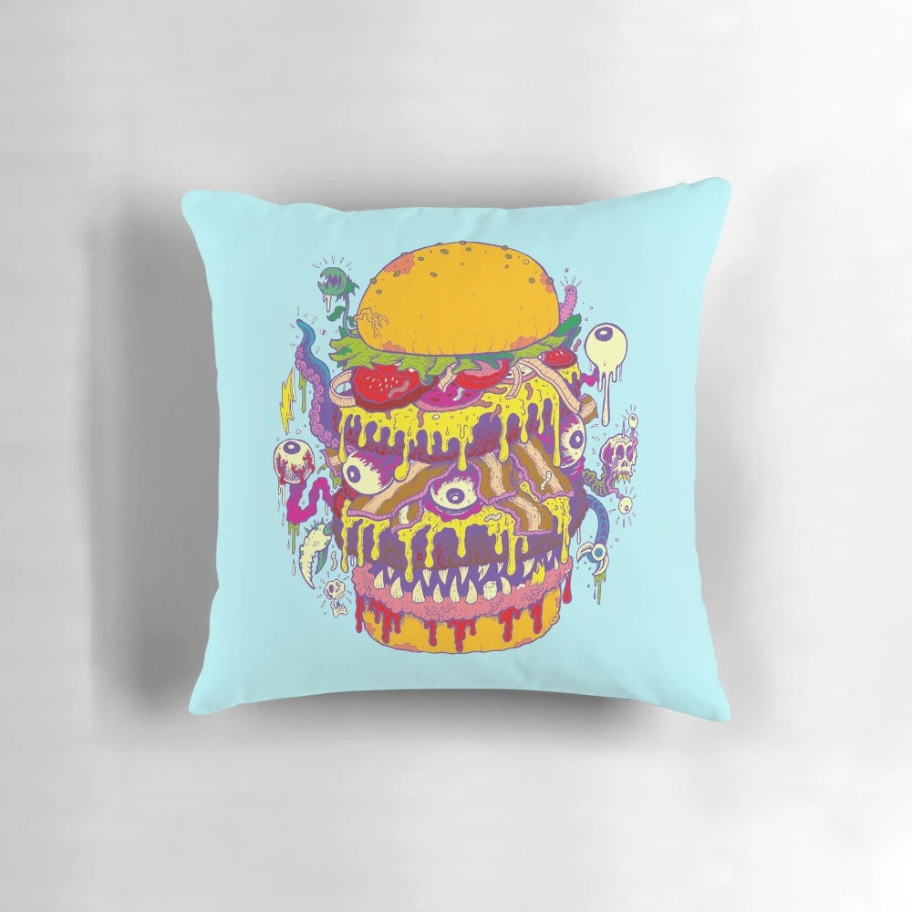 Monster burger shaped throw pillow with punk rock and zombie food design