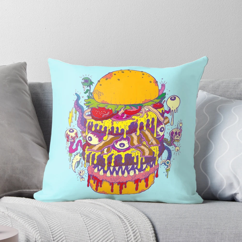 Monster burger shaped throw pillow with punk rock and zombie food design