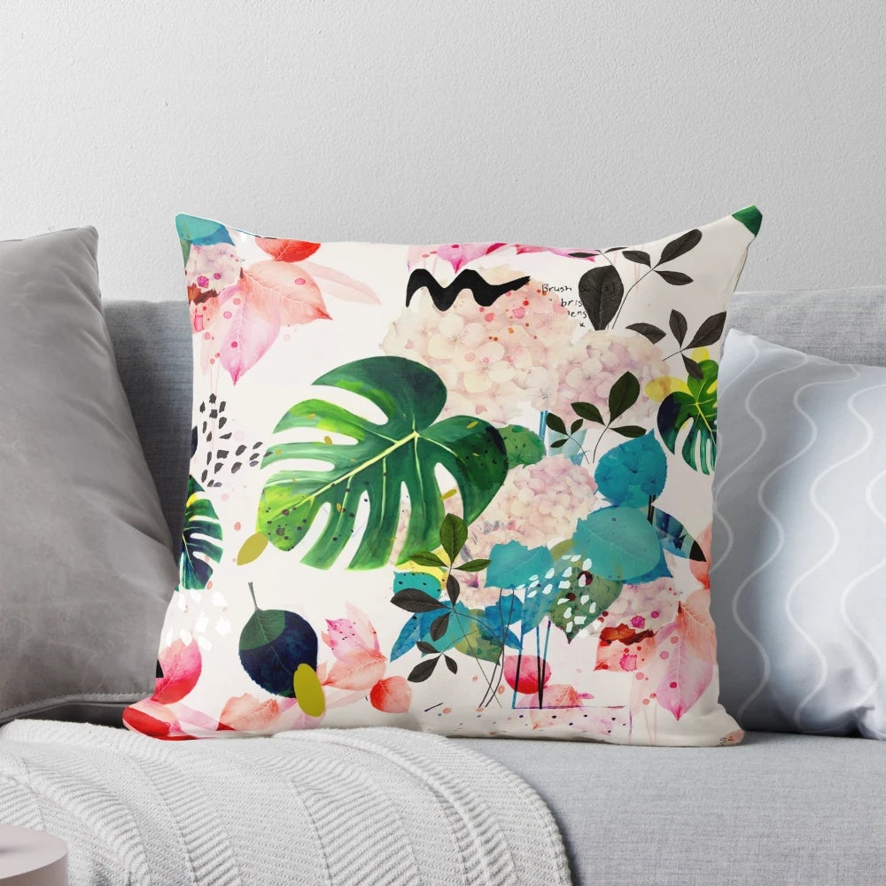Decorative throw pillow featuring a nature-inspired monstera plant design