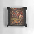 A decorative pillow featuring a monster design on a garden wall background
