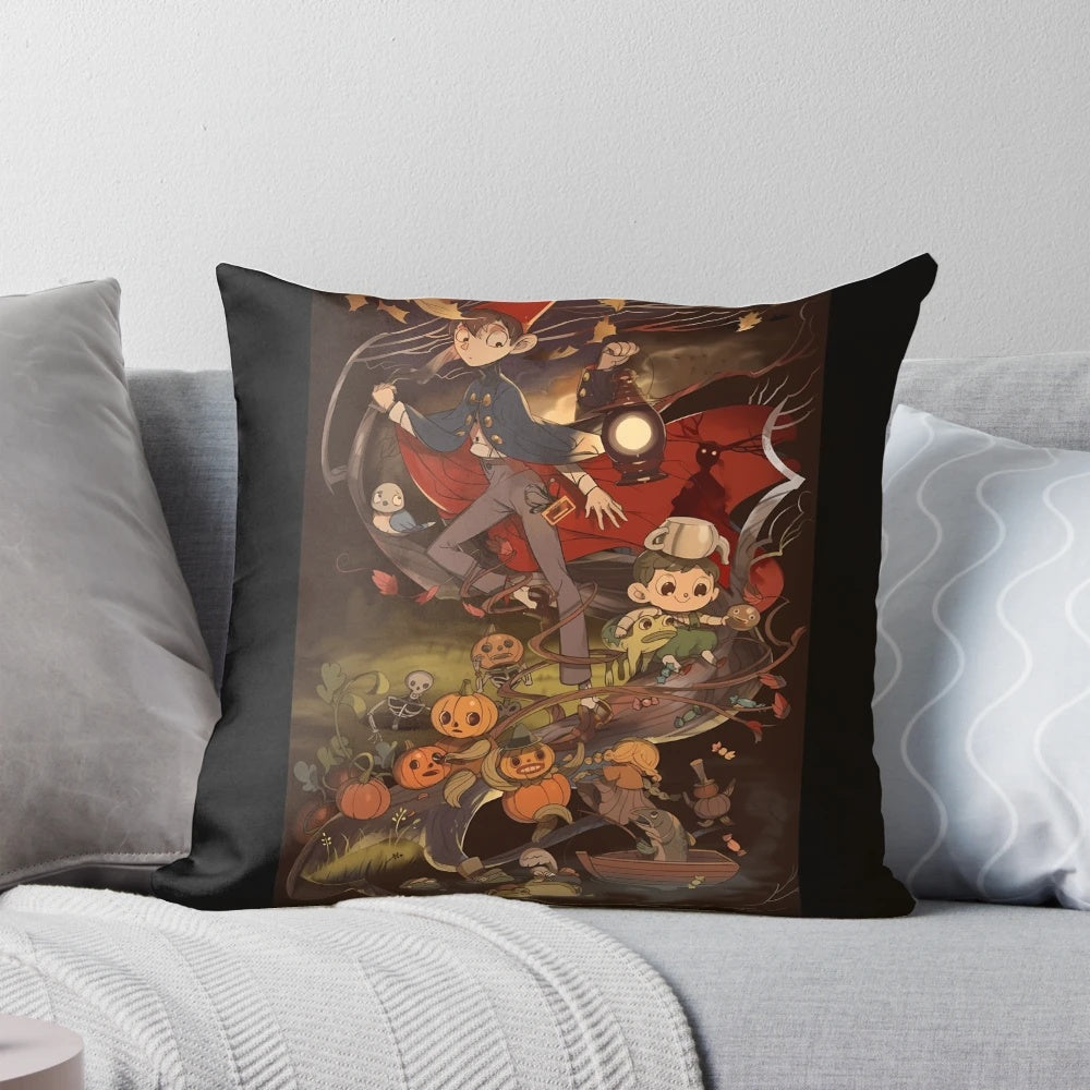A decorative pillow featuring a monster design on a garden wall background