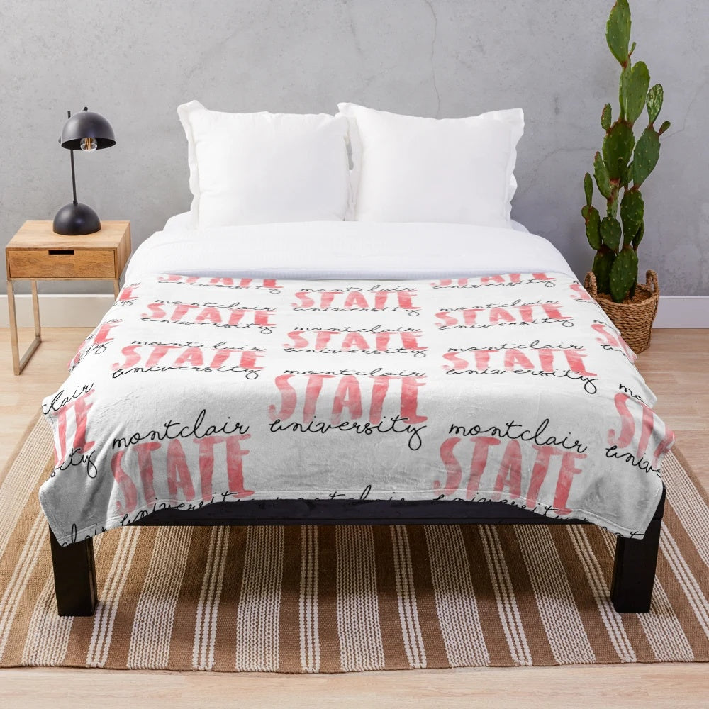 Montclair State University inspired plush blanket in red, black, and white colors