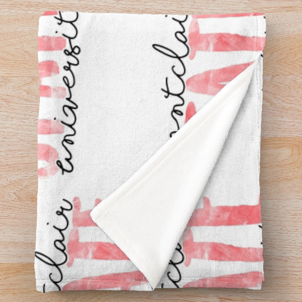 Montclair State University inspired plush blanket in red, black, and white colors
