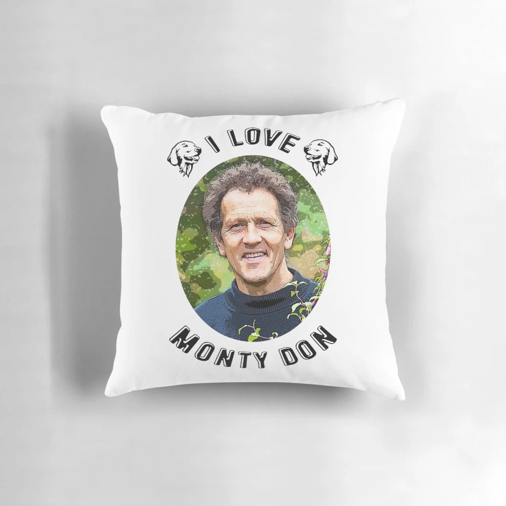 Monty Don inspired decorative pillow with a charming garden and golden retriever design
