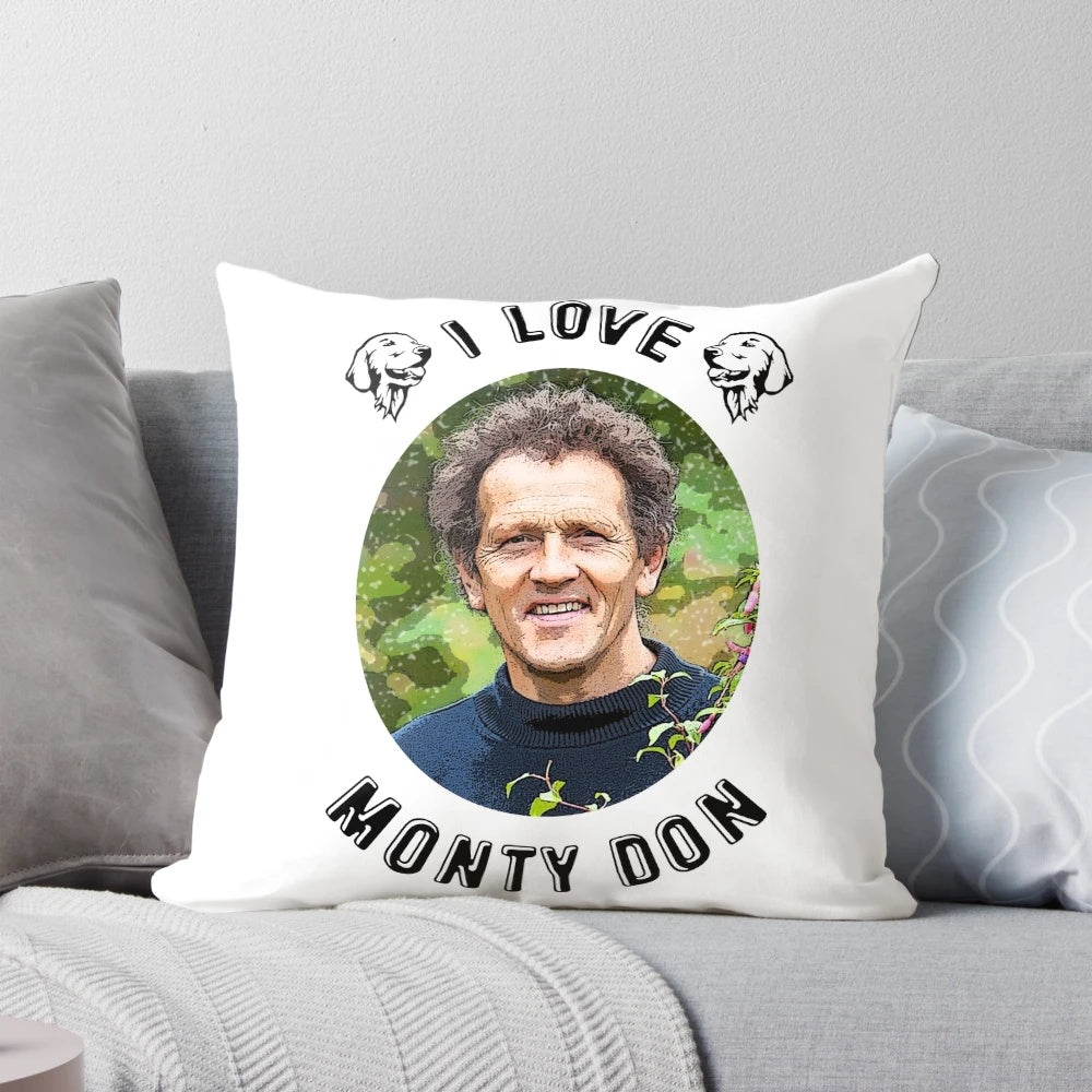 Monty Don inspired decorative pillow with a charming garden and golden retriever design