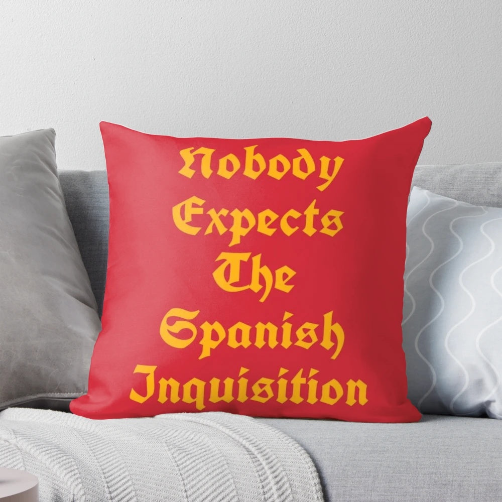 A plush, humorous pillow featuring the iconic Spanish Inquisition sketch from Monty Python