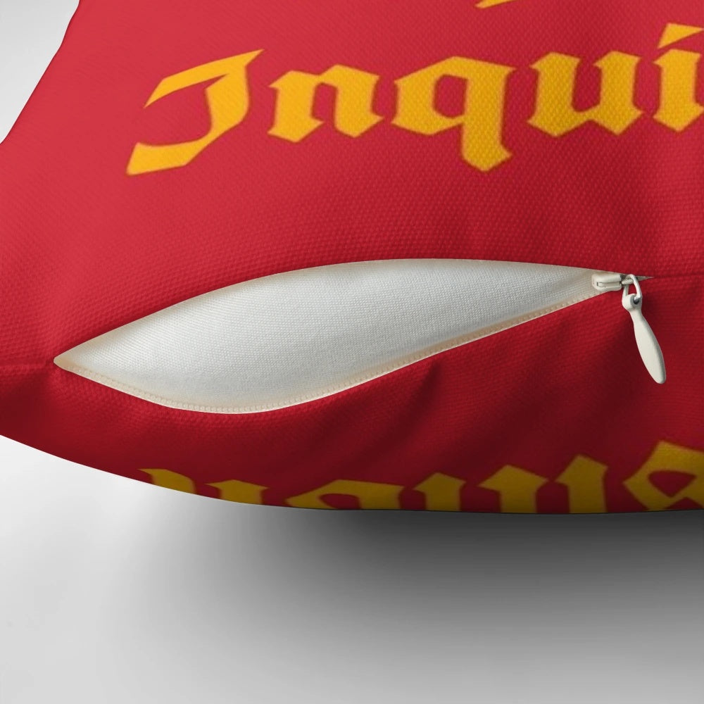 A plush, humorous pillow featuring the iconic Spanish Inquisition sketch from Monty Python