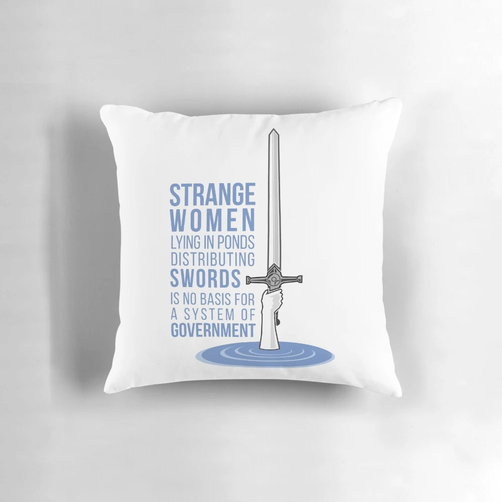 Monty Python-inspired pillow featuring the Lady of the Lake from the Holy Grail
