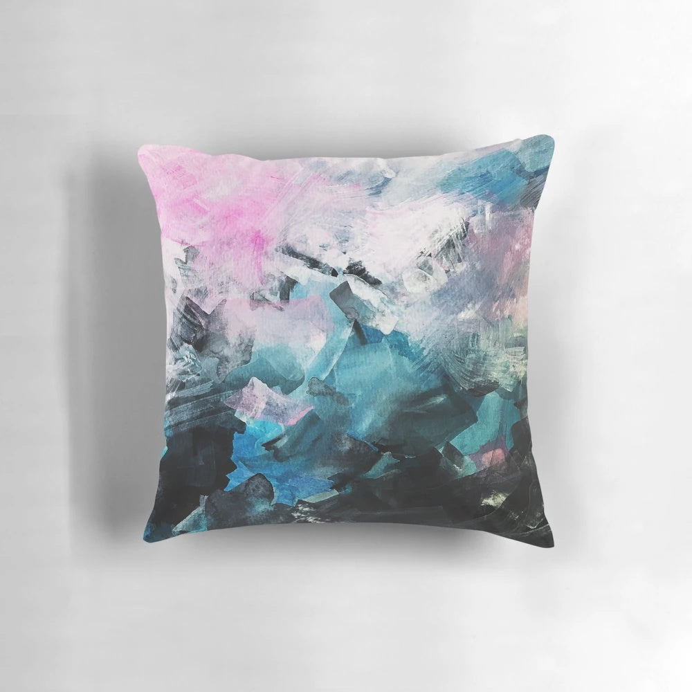 Vibrant abstract watercolor pattern decorative throw pillow in shades of blue, pink, and black