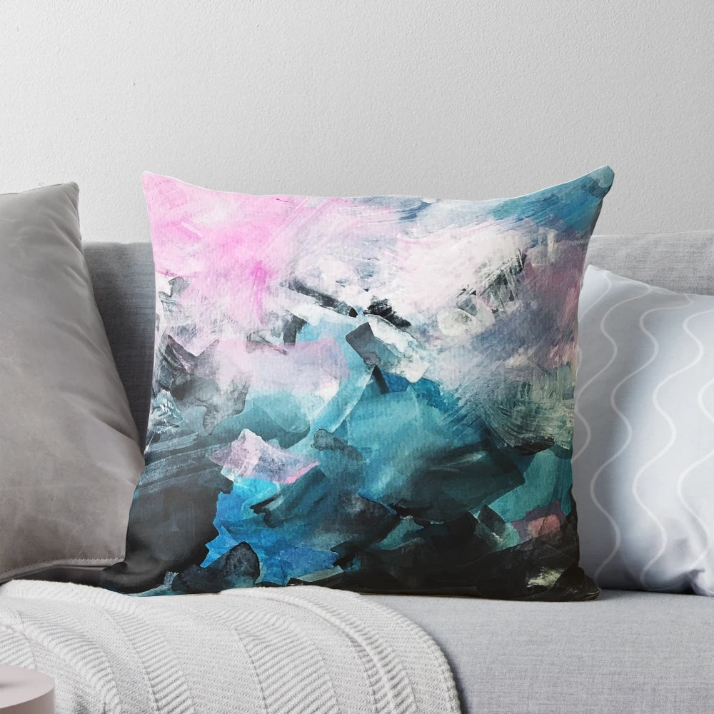 Vibrant abstract watercolor pattern decorative throw pillow in shades of blue, pink, and black