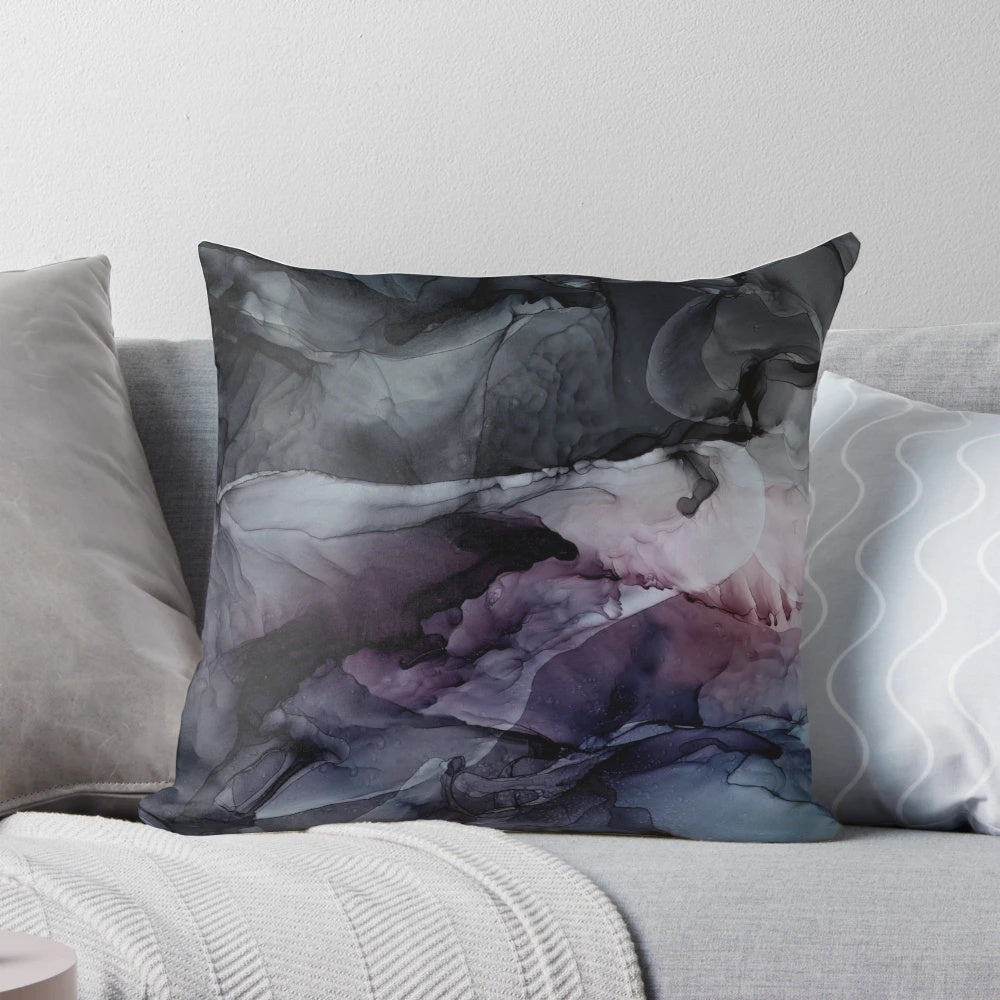 Moody abstract art pillow featuring fluid, pink and grey watercolor design