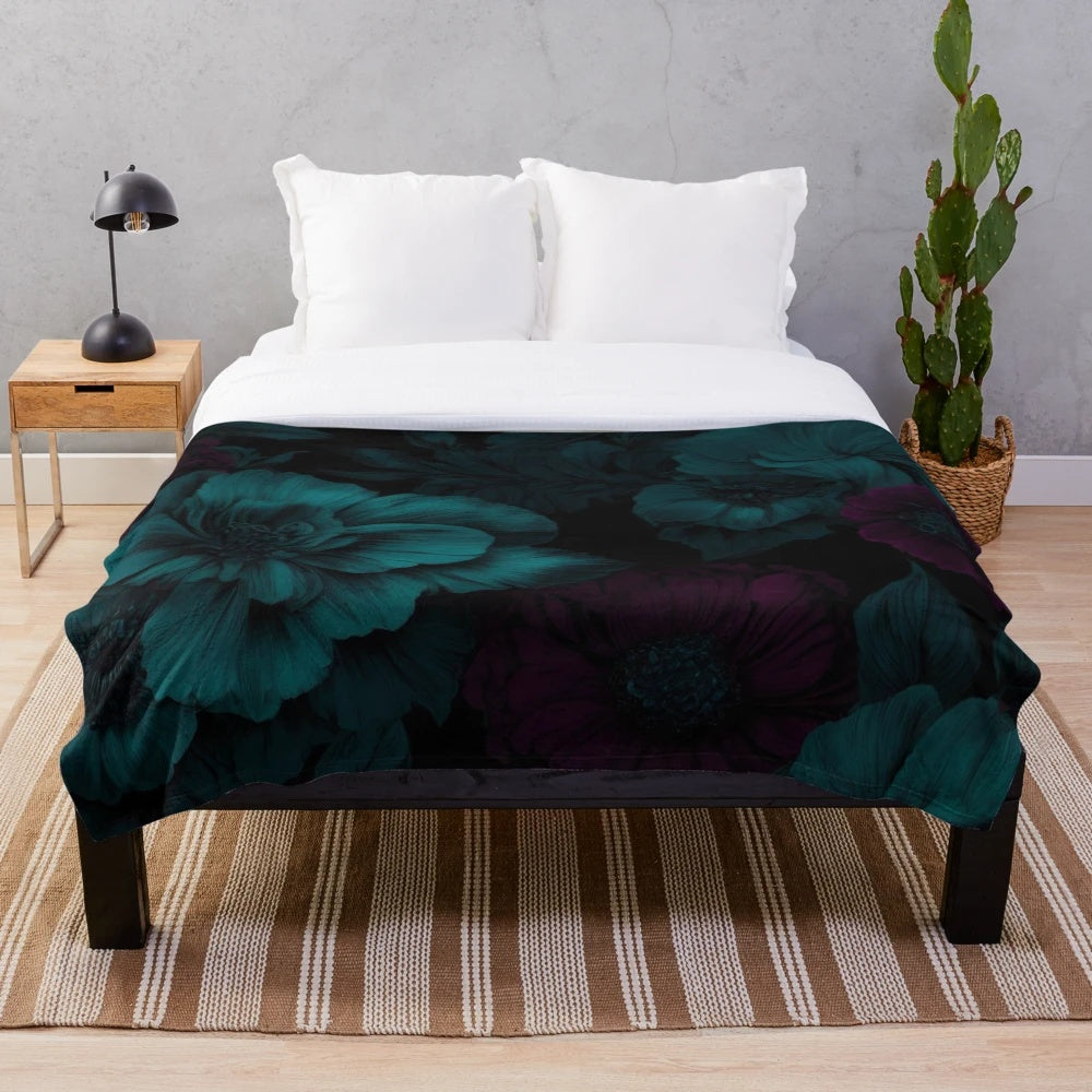 Moody floral design plush blanket with dark, dramatic flower patterns and gothic botanical illustrations