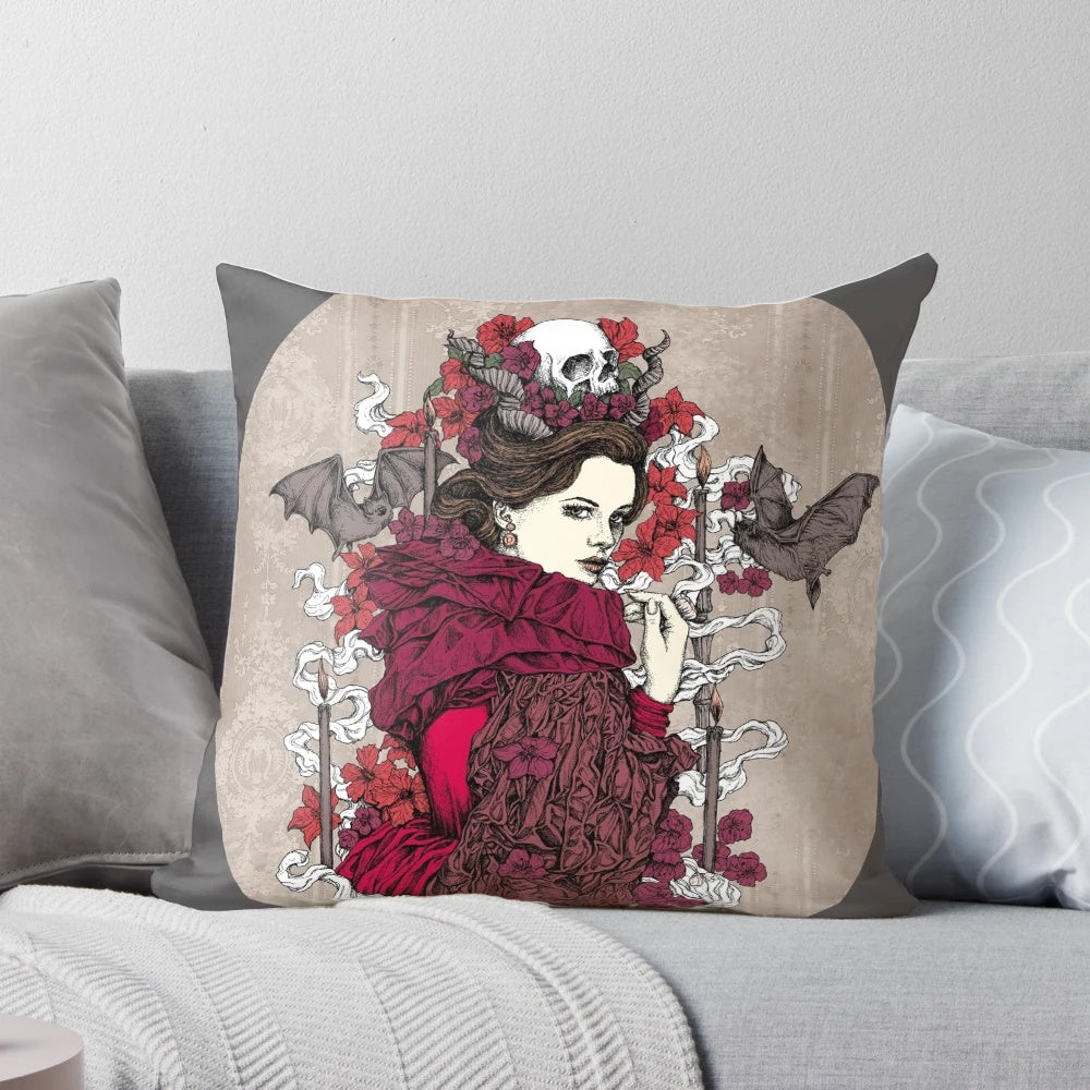 Moody, dark gothic-style pillow with a skull and bat design