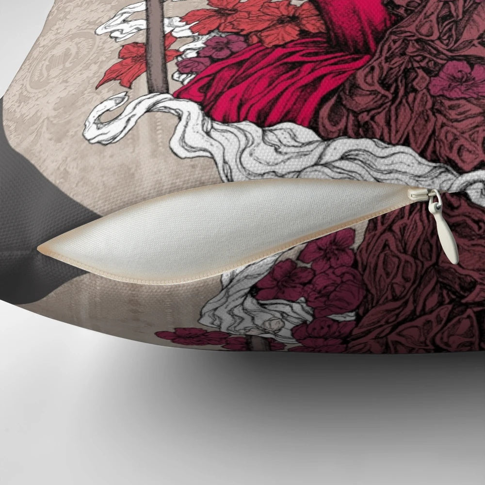 Moody, dark gothic-style pillow with a skull and bat design