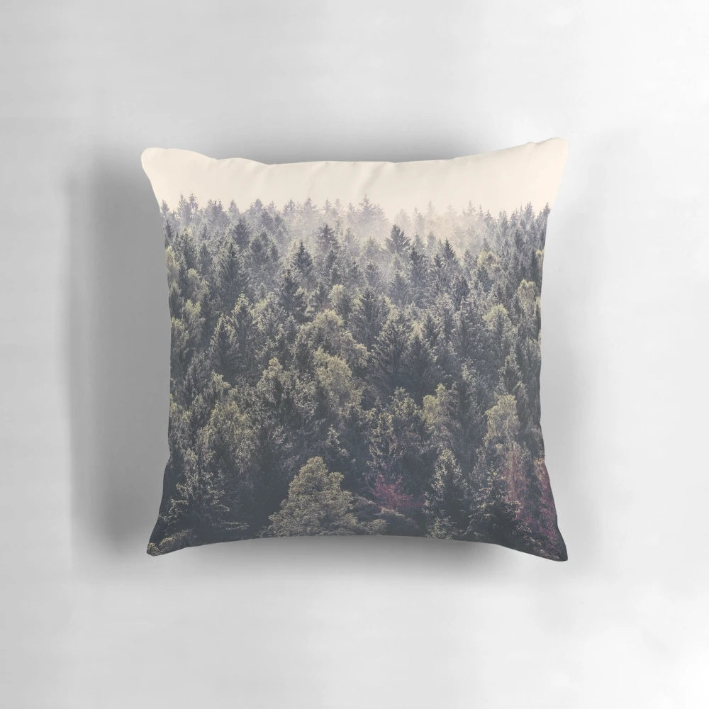 Serene foggy forest landscape with cascading trees on a pillow