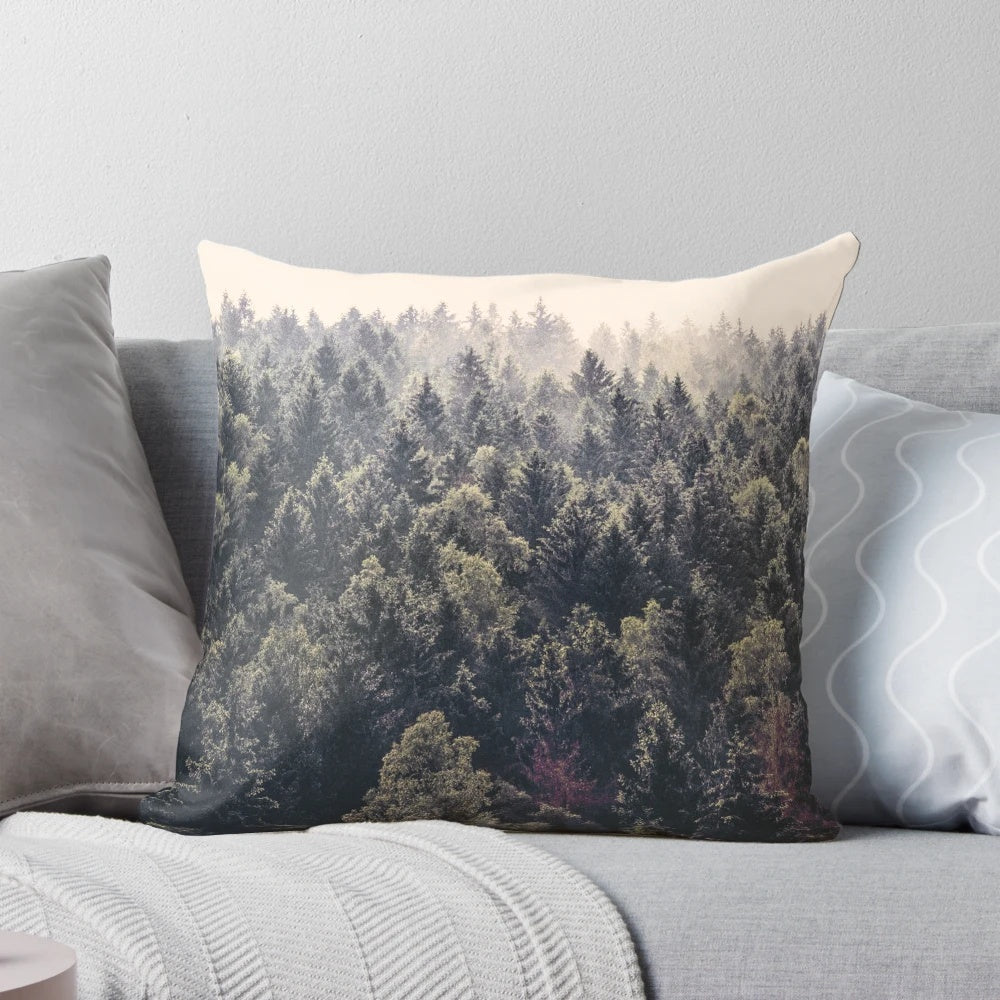 Serene foggy forest landscape with cascading trees on a pillow