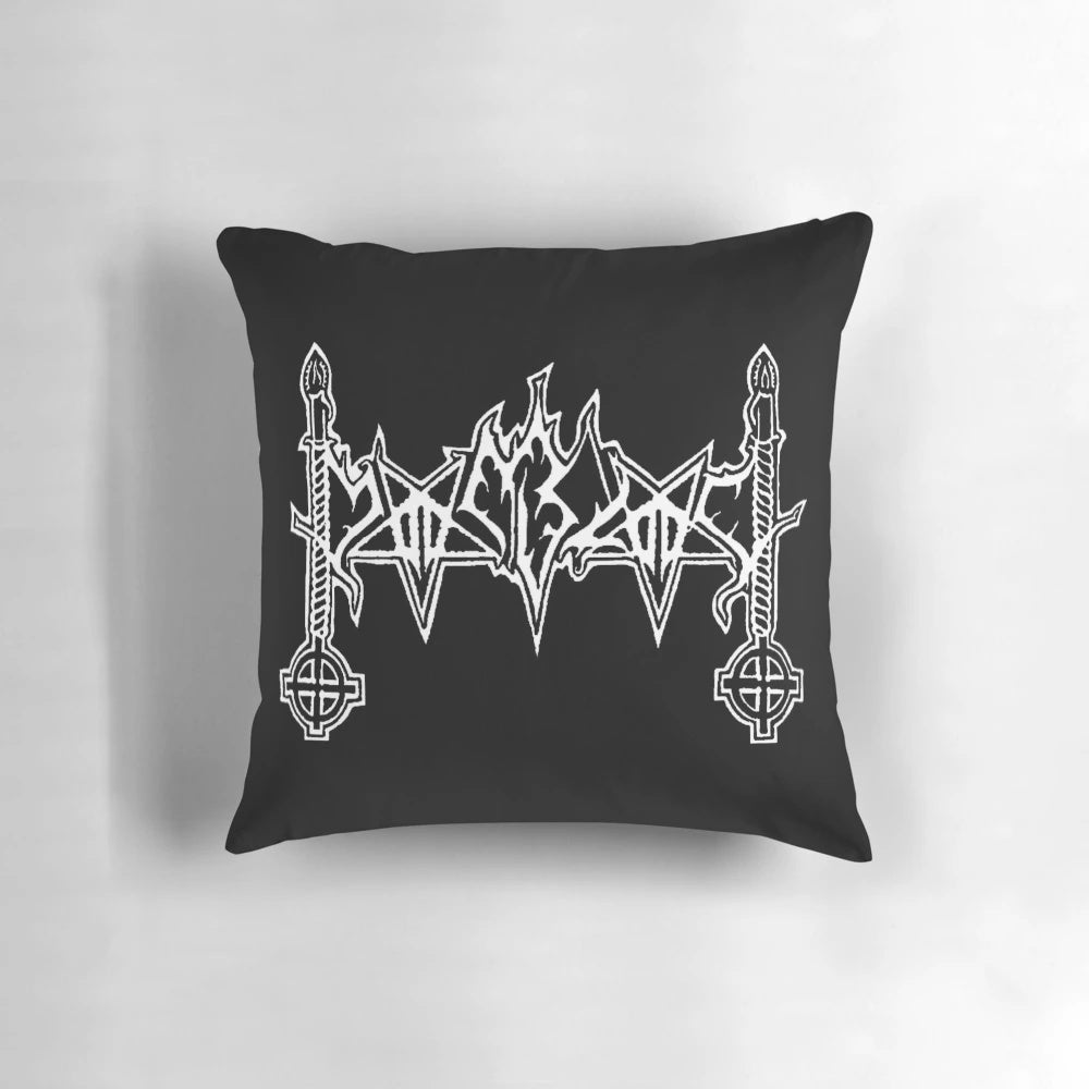 Moonblood logo black metal pillow with textured, dark design
