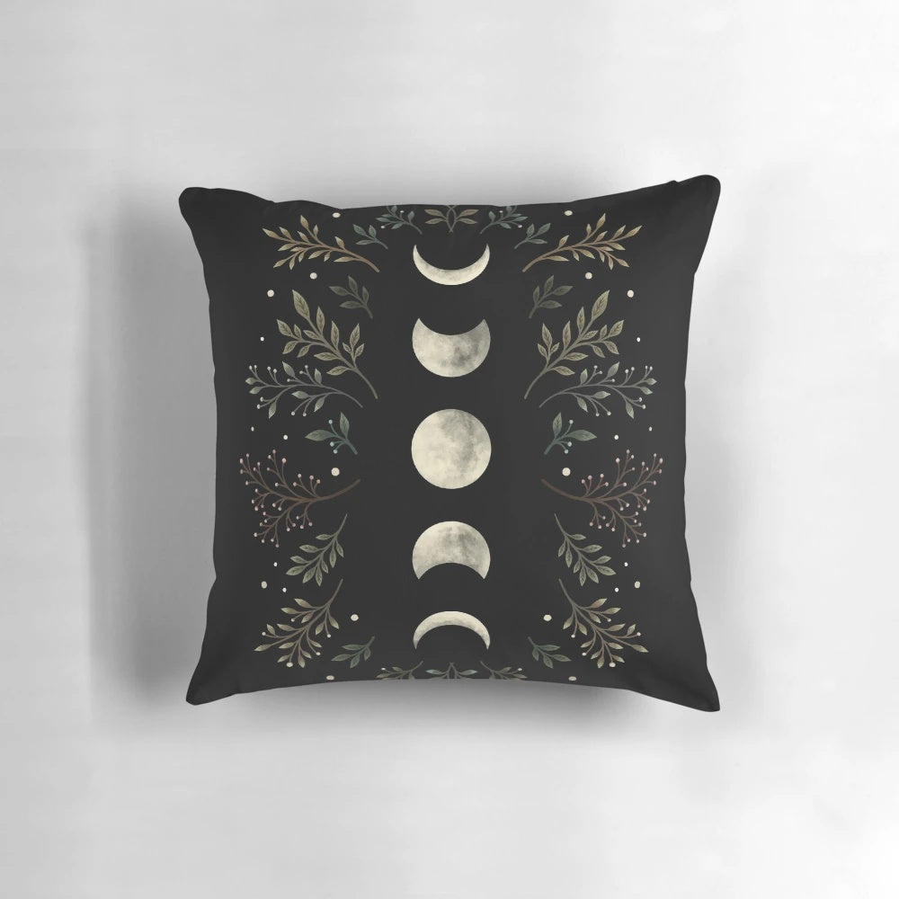 Moonlit Garden Olive Green Throw Pillow with Crescent Moon and Starry Midnight Sky