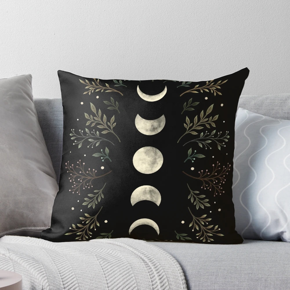 Moonlit Garden Olive Green Throw Pillow with Crescent Moon and Starry Midnight Sky