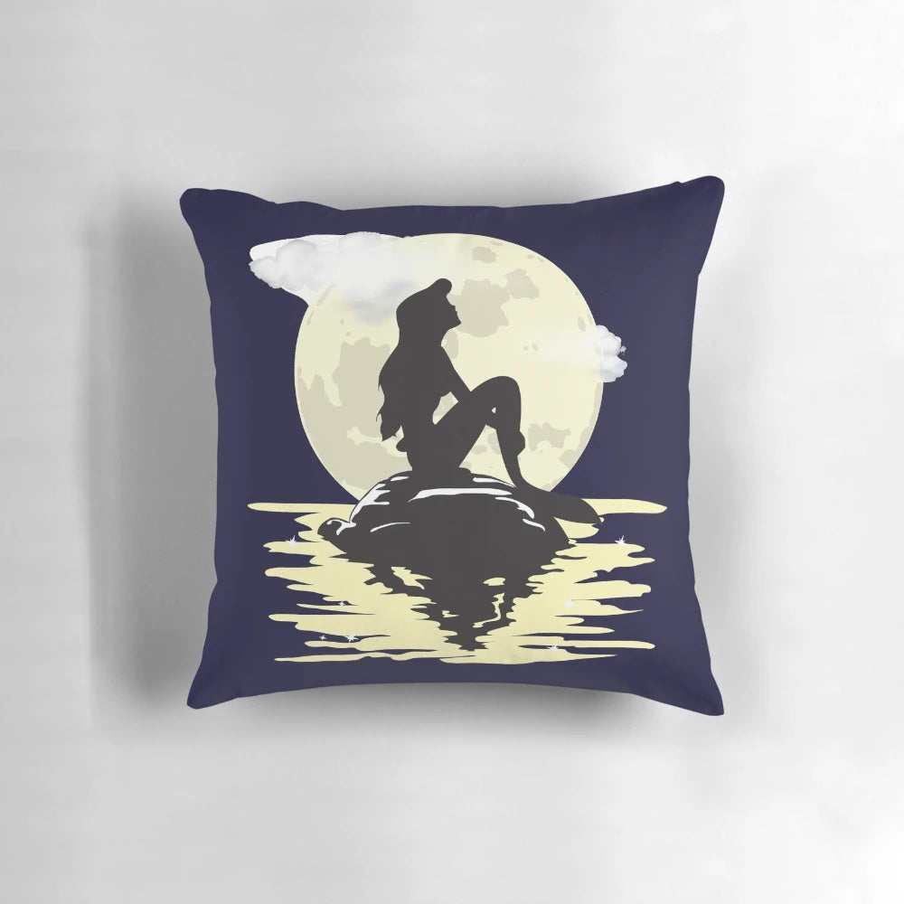 Moonlight-themed mermaid throw pillow with underwater scene