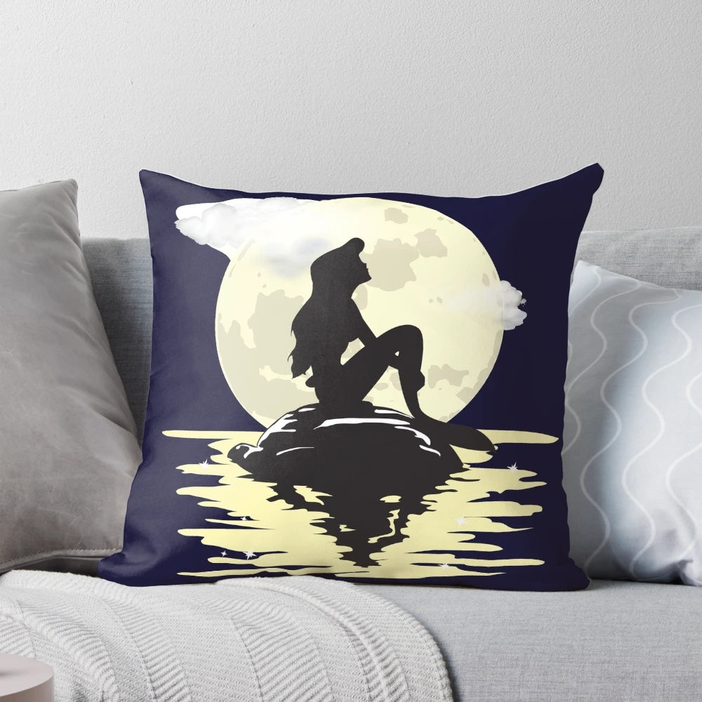 Moonlight-themed mermaid throw pillow with underwater scene