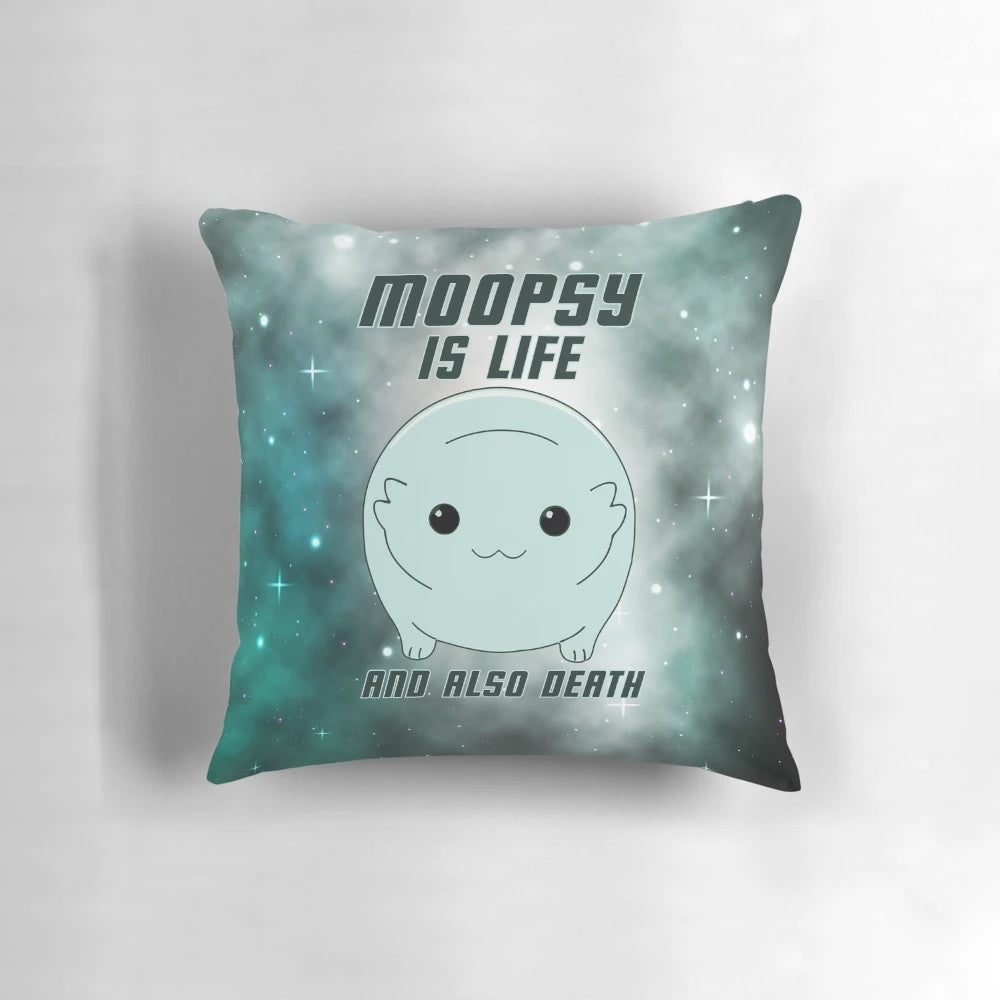 Moopsy the cute alien monster pillow with dark text design