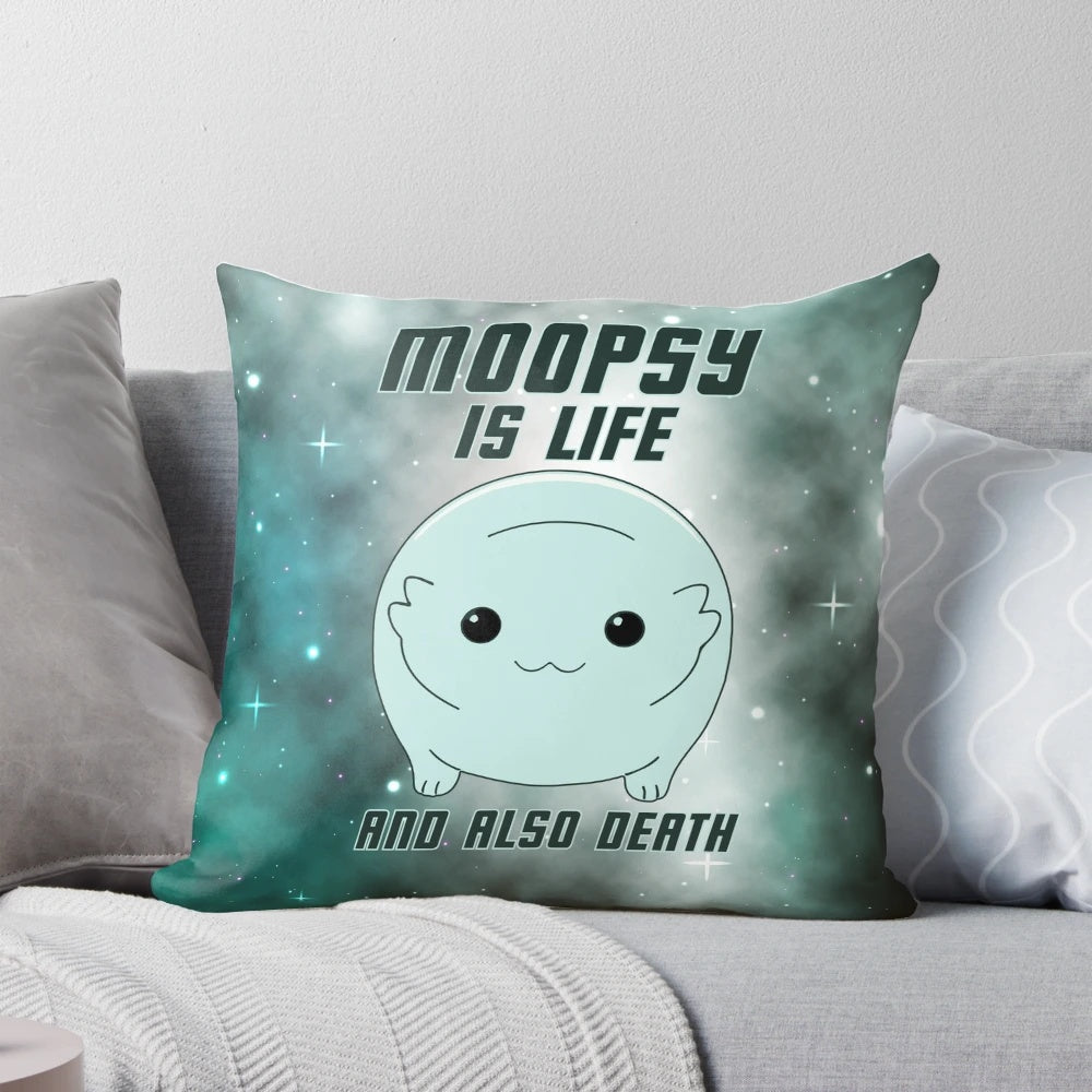 Moopsy the cute alien monster pillow with dark text design