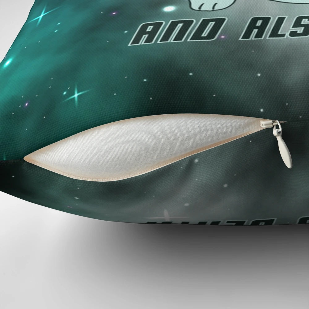 Moopsy the cute alien monster pillow with dark text design