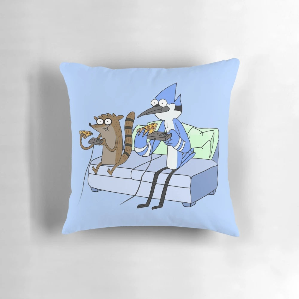 Mordecai and Rigby Regular Show video game and pizza themed pillow