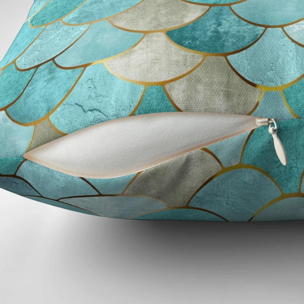 Moroccan-inspired mermaid fish scale pattern in teal and aqua colors on a decorative throw pillow.