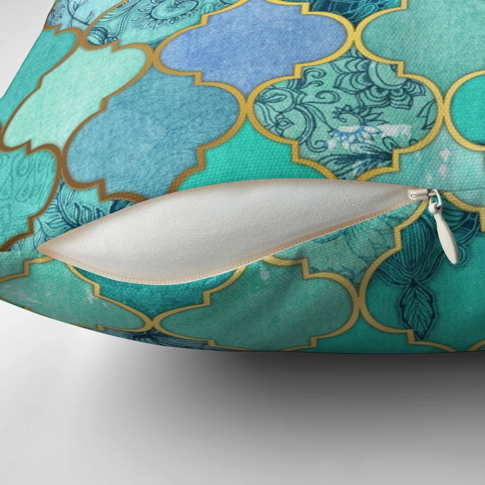 Decorative Moroccan tile pattern throw pillow in mint green, jade, and gold colors with a watercolor bird design.