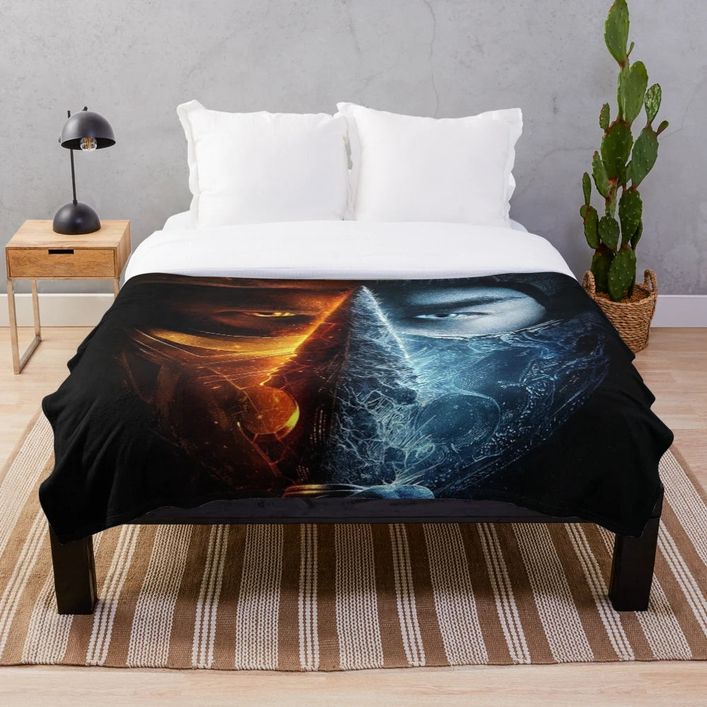 Mortal Kombat-inspired plush blanket featuring the game's iconic characters and symbols