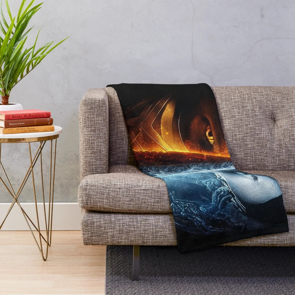 Mortal Kombat-inspired plush blanket featuring the game's iconic characters and symbols