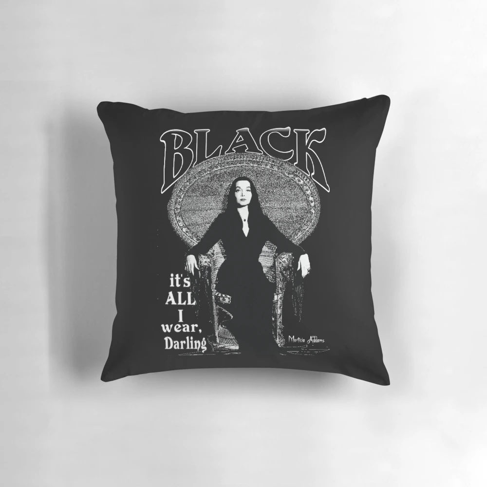 Morticia Addams-inspired black and white pillow with quirky quote for gothic home décor