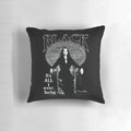 Morticia Addams-inspired black and white pillow with quirky quote for gothic home décor