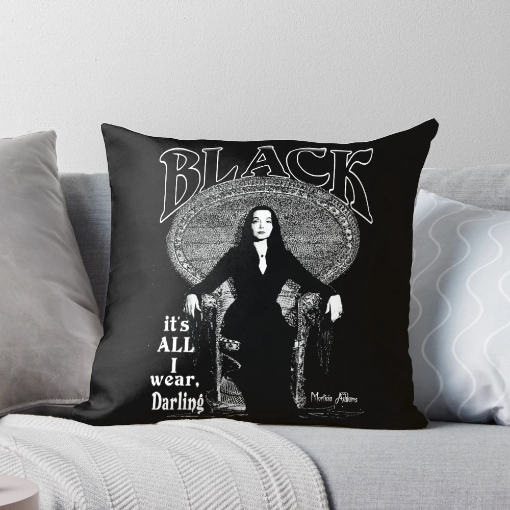 Morticia Addams-inspired black and white pillow with quirky quote for gothic home décor