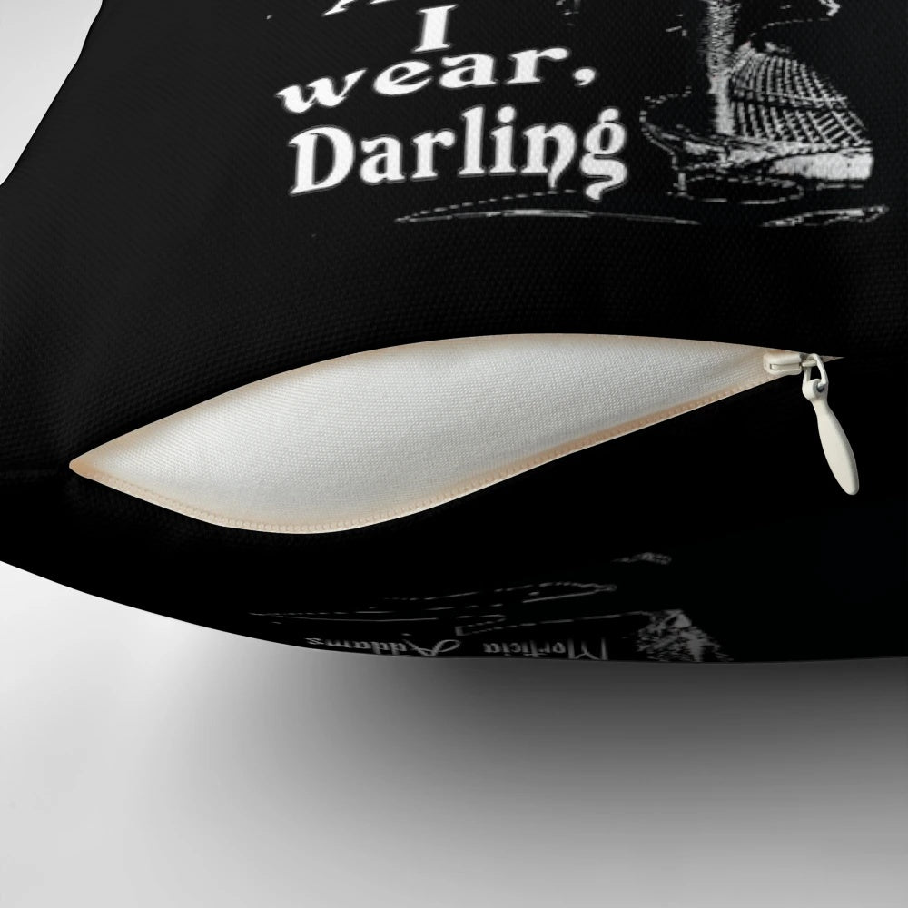 Morticia Addams-inspired black and white pillow with quirky quote for gothic home décor