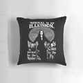 Morticia Addams-inspired throw pillow featuring a quote about the illusion of normality