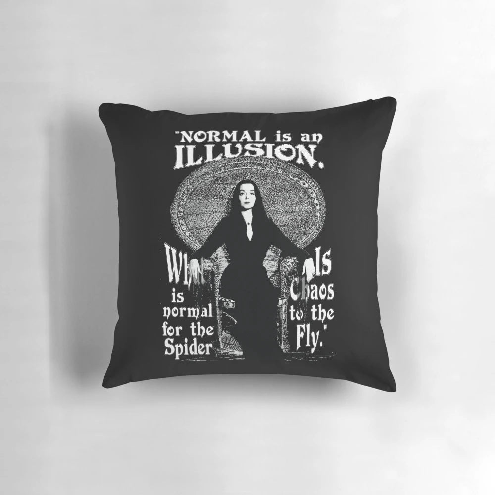 Morticia Addams-inspired throw pillow featuring a quote about the illusion of normality