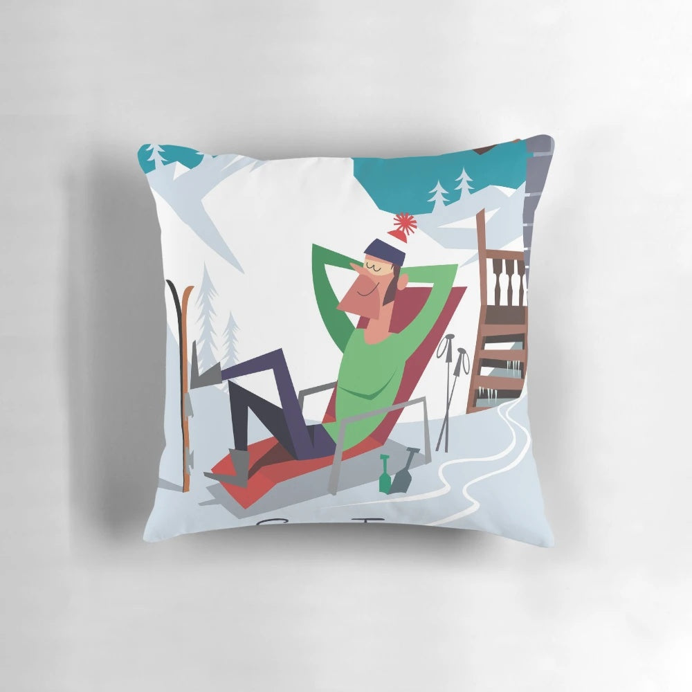 A vibrant Morzine ski poster themed decorative pillow, featuring skiers, chalets, and the stunning French Alps.
