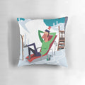 A vibrant Morzine ski poster themed decorative pillow, featuring skiers, chalets, and the stunning French Alps.