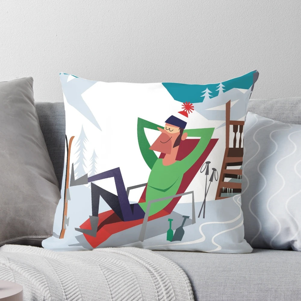 A vibrant Morzine ski poster themed decorative pillow, featuring skiers, chalets, and the stunning French Alps.