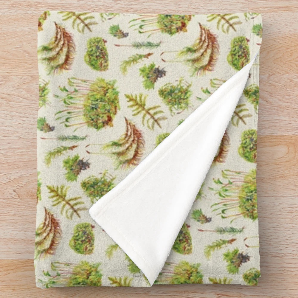Mosses botanical plush blanket with a neutral, nature-inspired watercolor pattern
