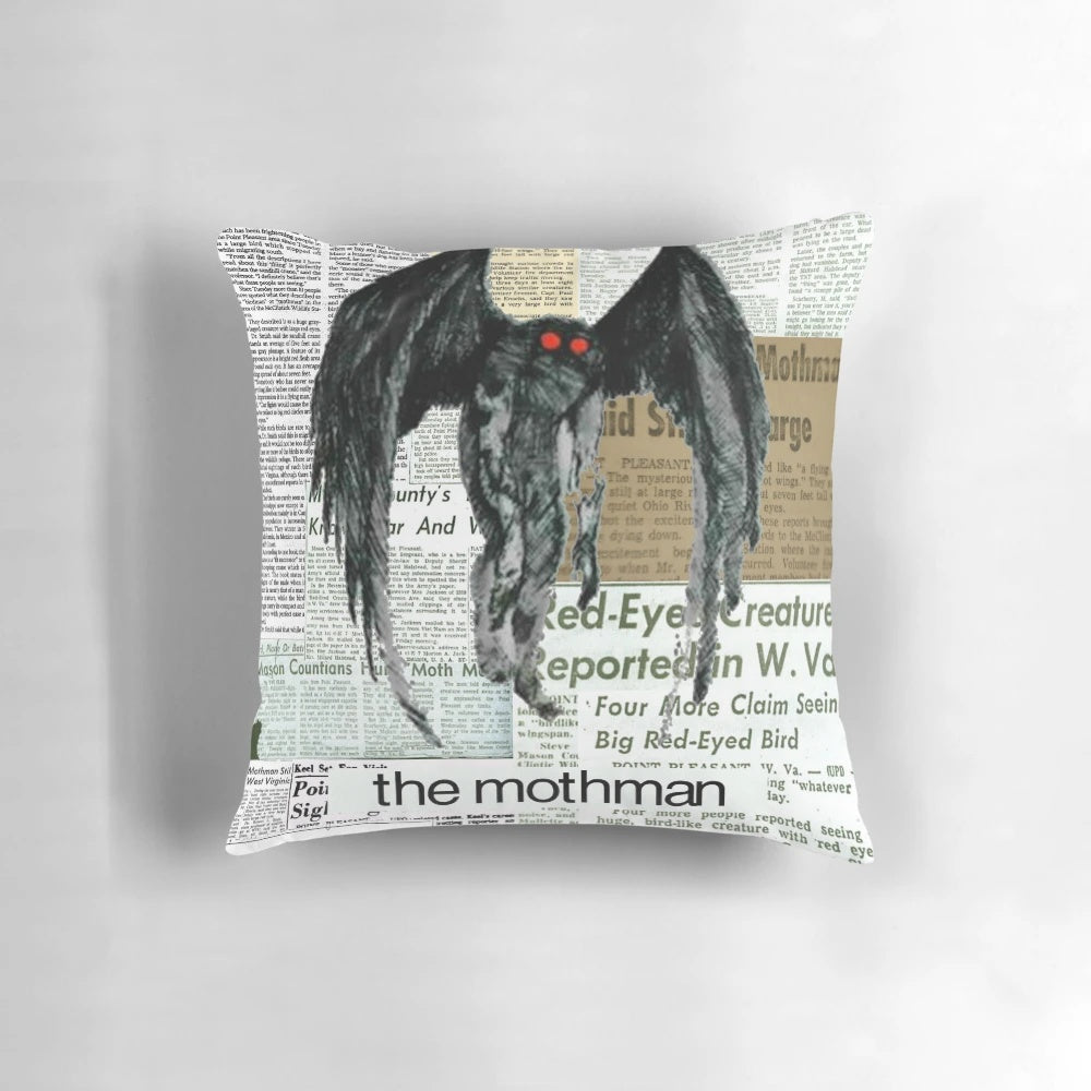 Soft, comfortable pillow featuring a mysterious Mothman design, perfect for fans of the paranormal and urban legends.