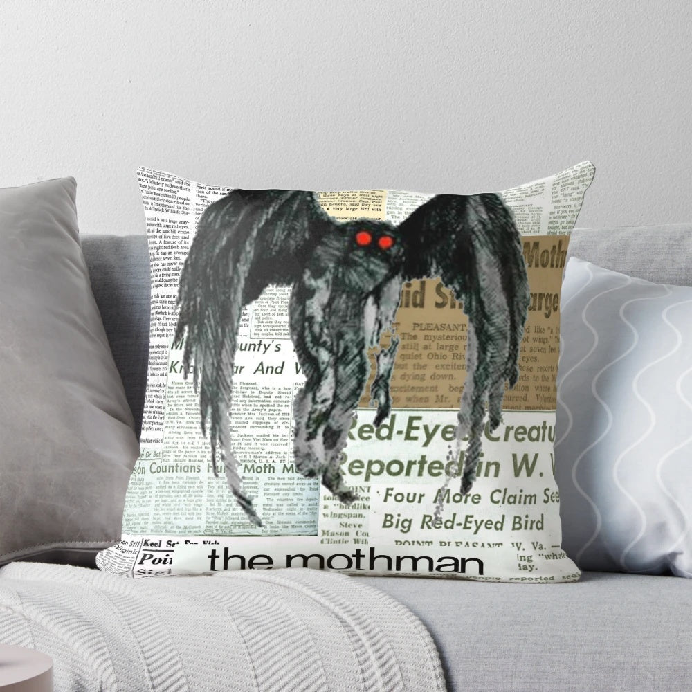 Soft, comfortable pillow featuring a mysterious Mothman design, perfect for fans of the paranormal and urban legends.