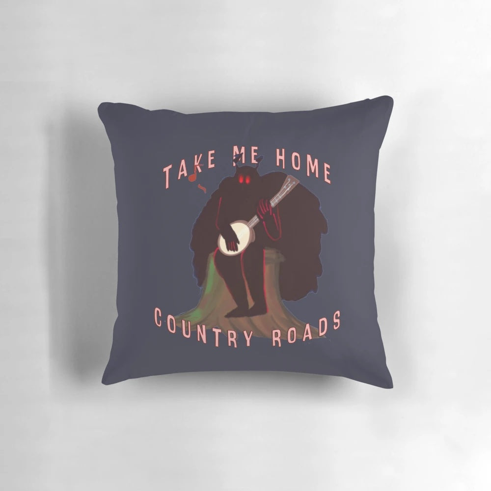 Decorative pillow featuring a cute and whimsical illustration of the Mothman cryptid from West Virginia, holding a banjo and set against a backdrop of rolling hills and a starry night sky.