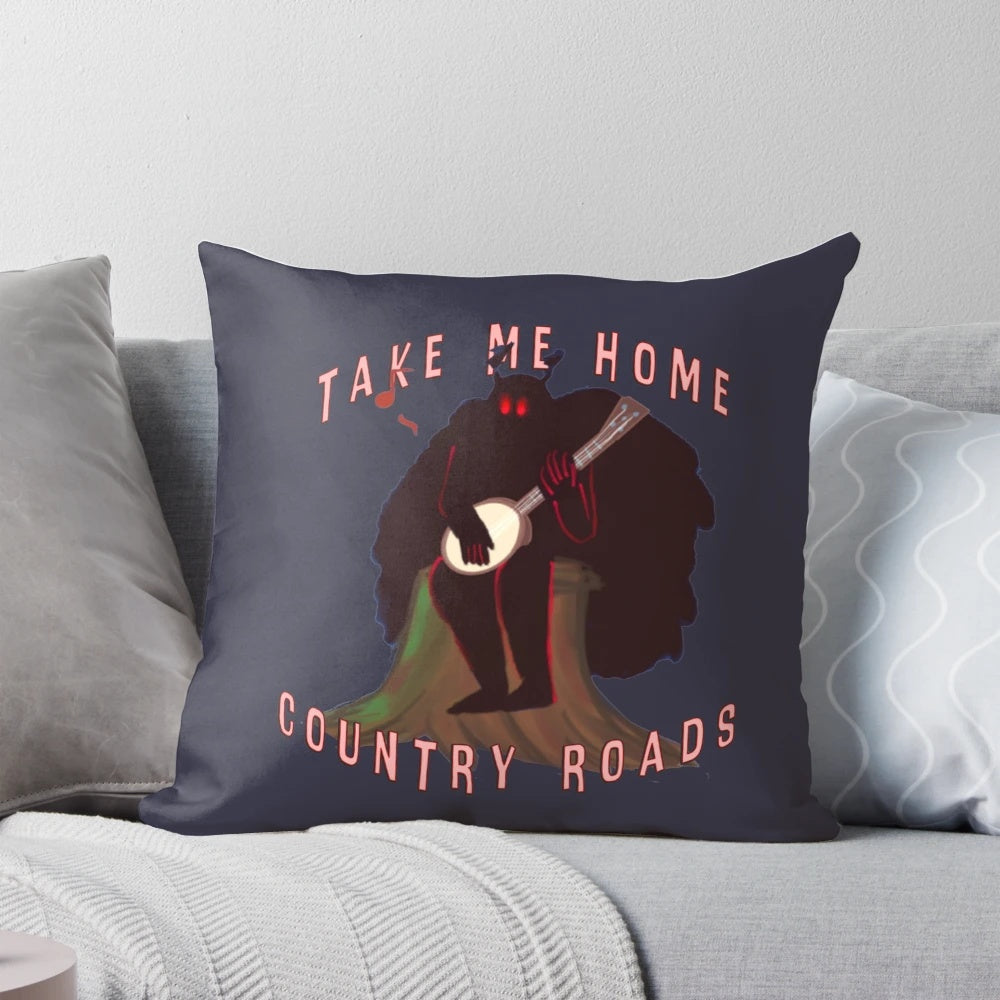 Decorative pillow featuring a cute and whimsical illustration of the Mothman cryptid from West Virginia, holding a banjo and set against a backdrop of rolling hills and a starry night sky.