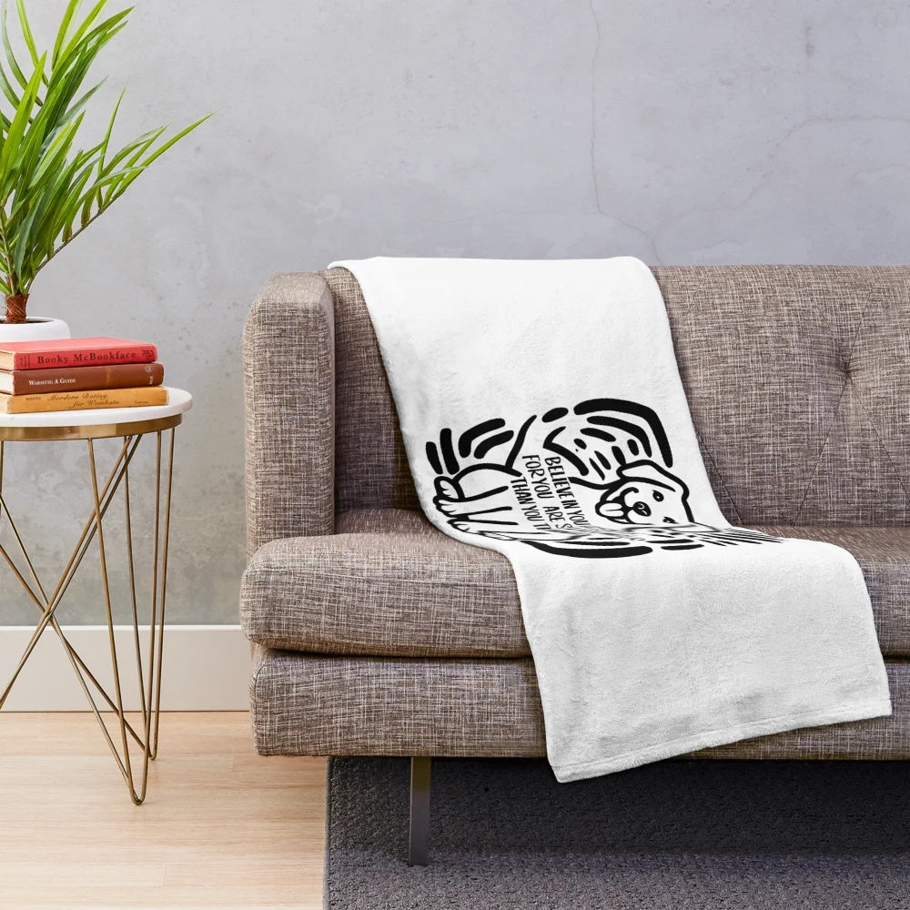 Plush blanket with motivational dog quote and minimalist black and white design