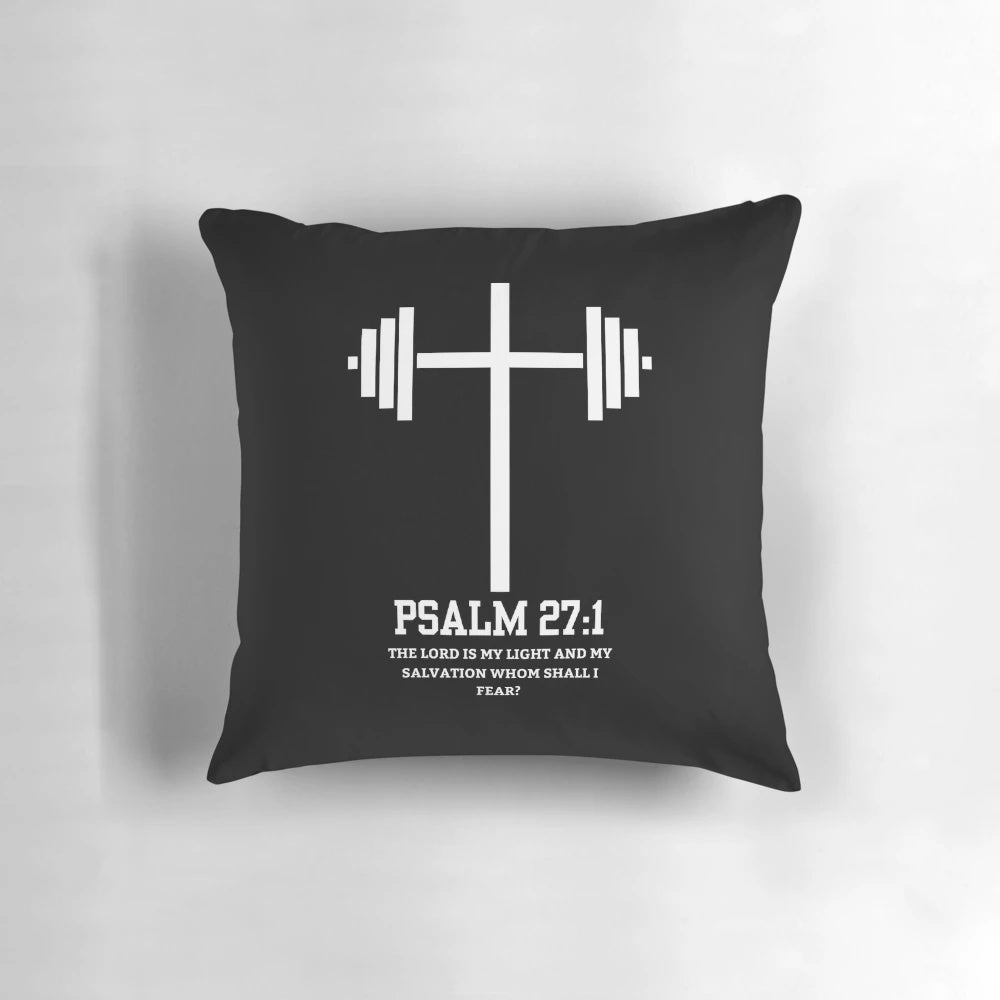 Gym pillow with a motivational and Christian-themed design, featuring a Bible verse.
